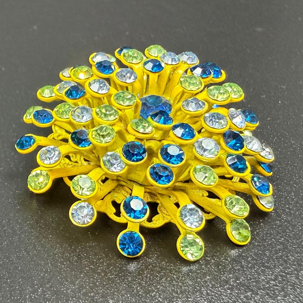 Vintage Atomic Brooch Yellow Blue Green Clear Rhinestones Sputnik Starburst - Picture 14 of 14